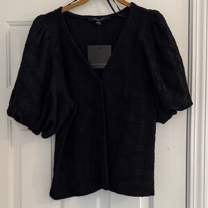 Marc New York Black Textured Puff-Sleeve V-Neck Blouse
